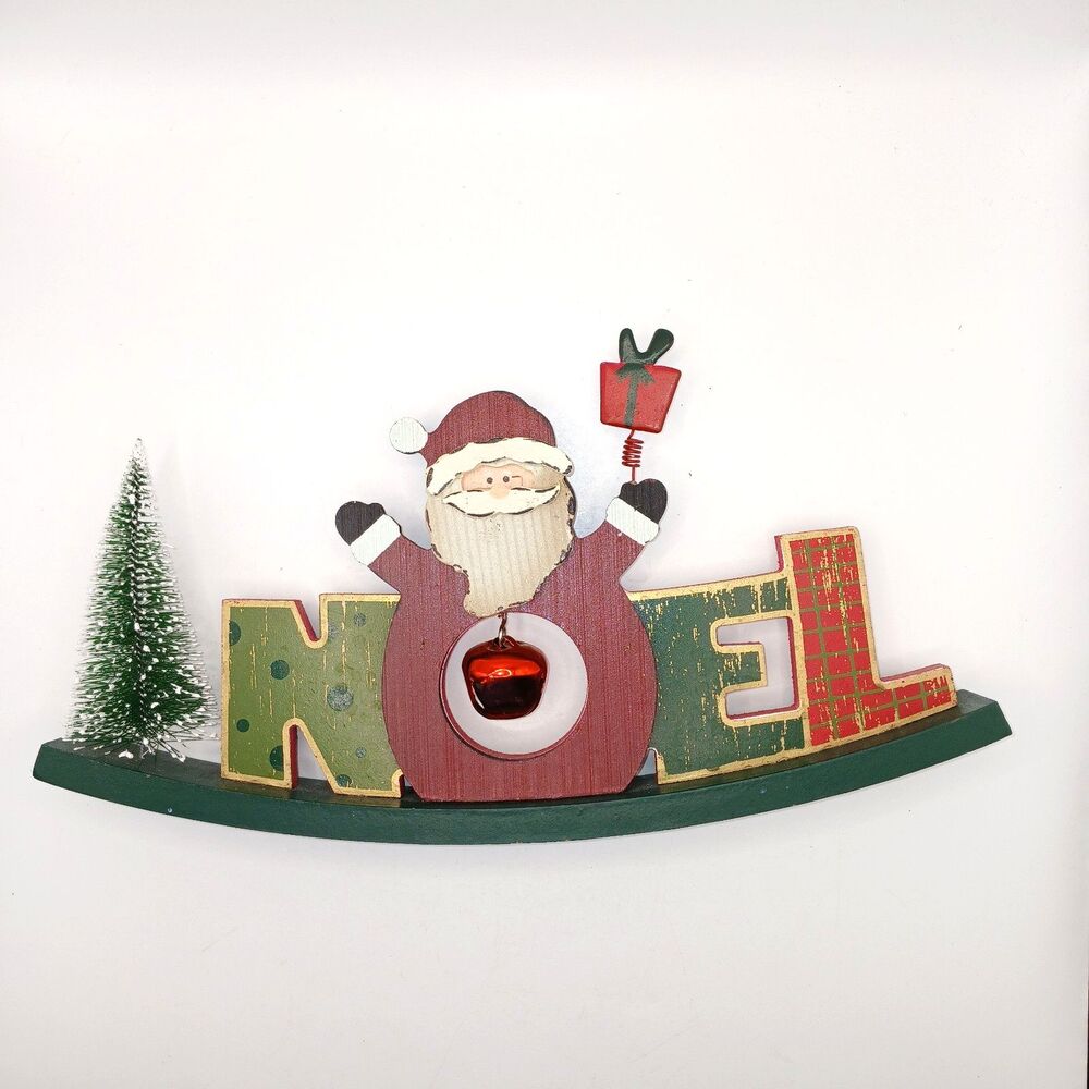 Atico Noel Spellout with Santa & Bottlebrush Tree Wood Rocking Christmas Decor